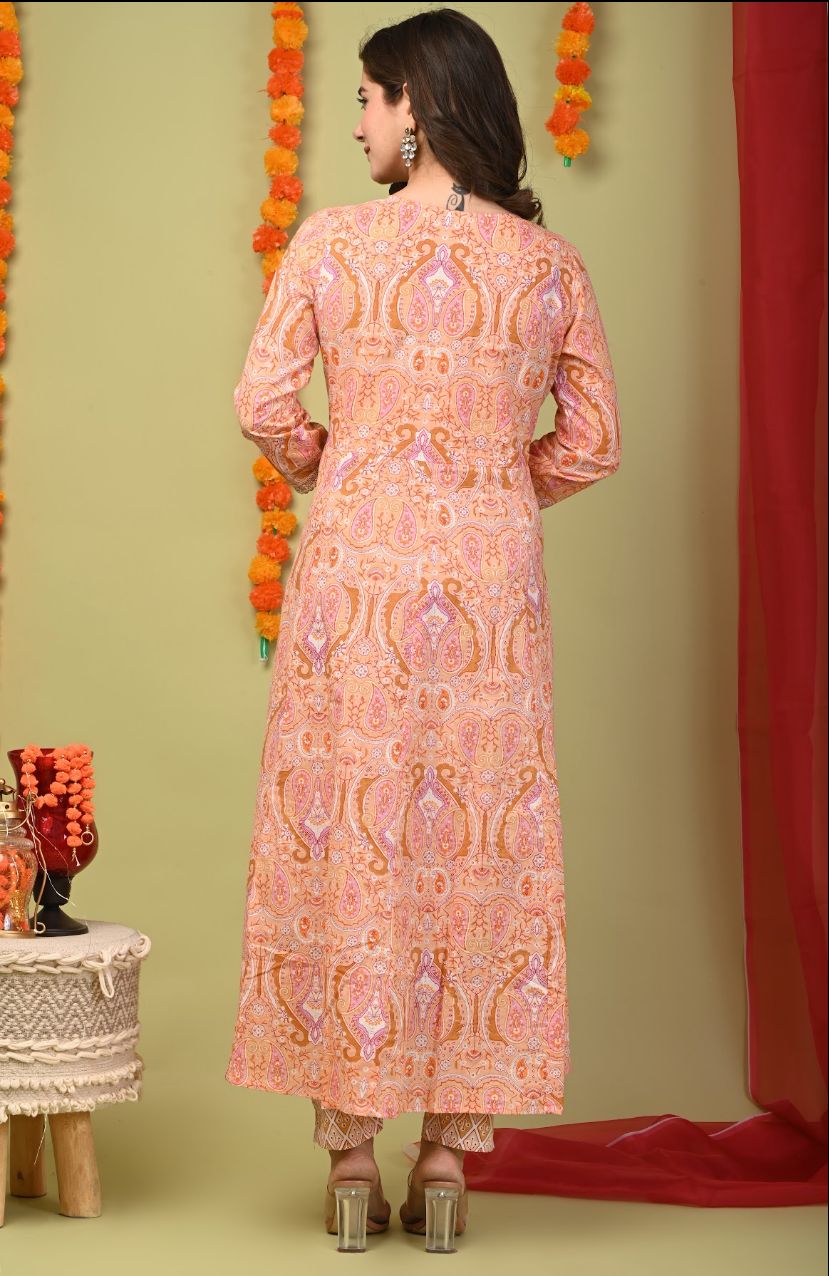 Peach Flower Print Cotton Stitched Suit Set with Anarkali Kurti, Pant & Dupatta