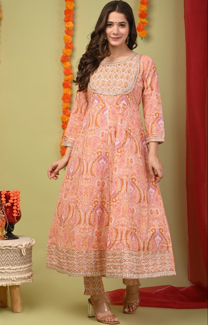 Peach Flower Print Cotton Stitched Suit Set with Anarkali Kurti, Pant & Dupatta
