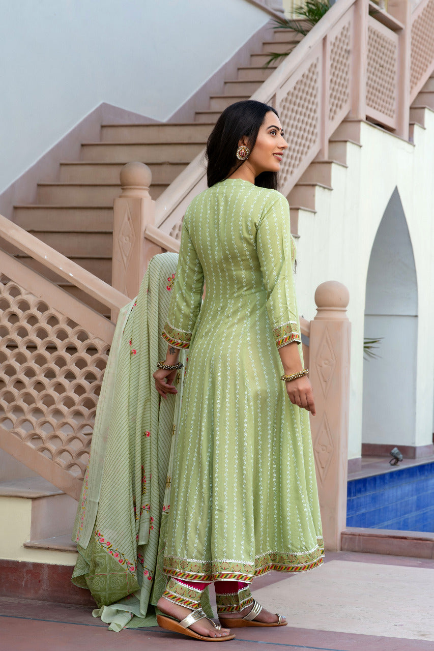 Green Flower Print Rayon Stitched Suit Set with Anarkali Kurti, Pant & Dupatta