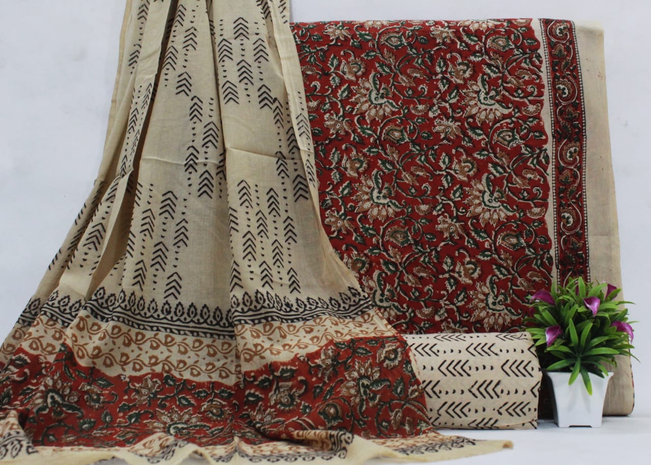 Red & Cream Flower Print Cotton Unstitched Suit Set with Cotton Dupatta