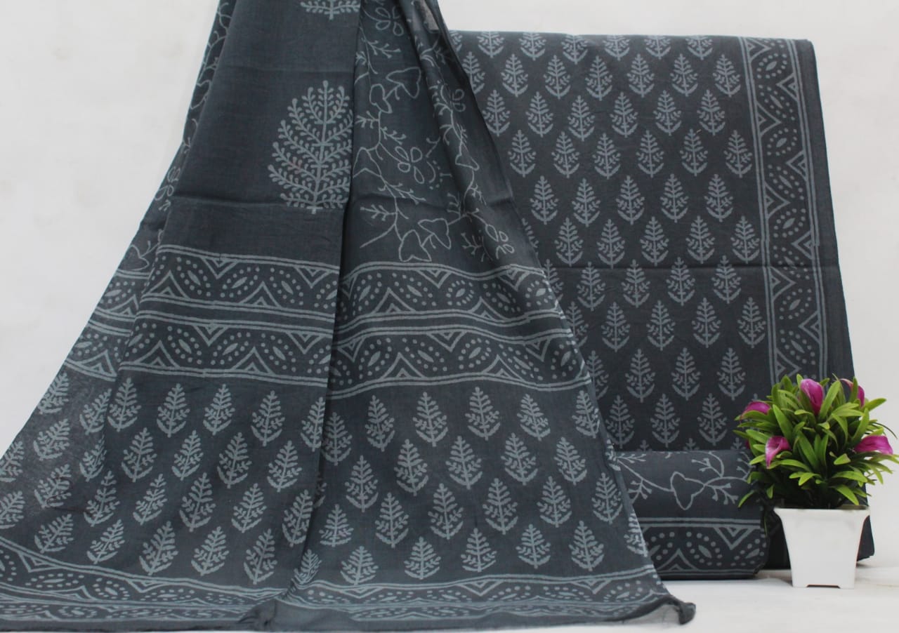 Gray Flower Print Cotton Unstitched Suit Set with Cotton Dupatta