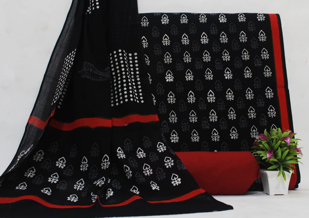 Black Flower Print Cotton Unstitched Suit Set with Cotton Dupatta
