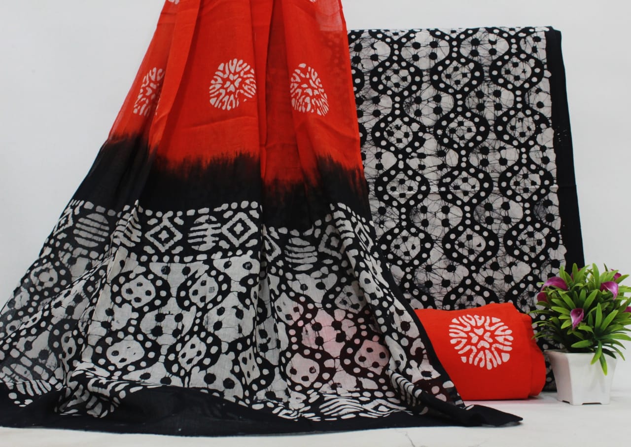 Black & Orange Abstract Print Cotton Unstitched Suit Set with Cotton Dupatta