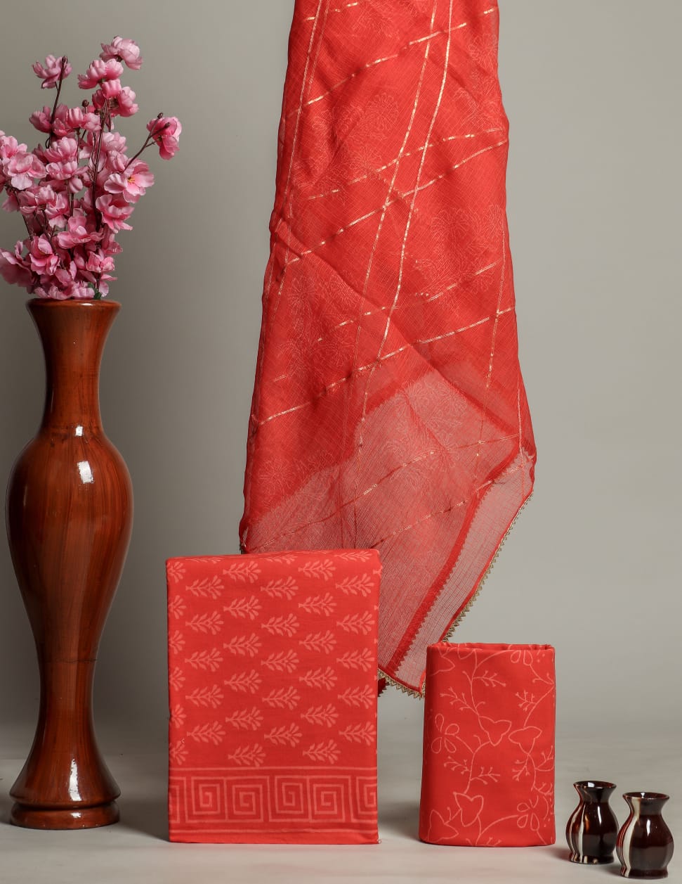 Red Hand Block Flower Print Cotton Unstitched Suit Set with Kota Doria Dupatta