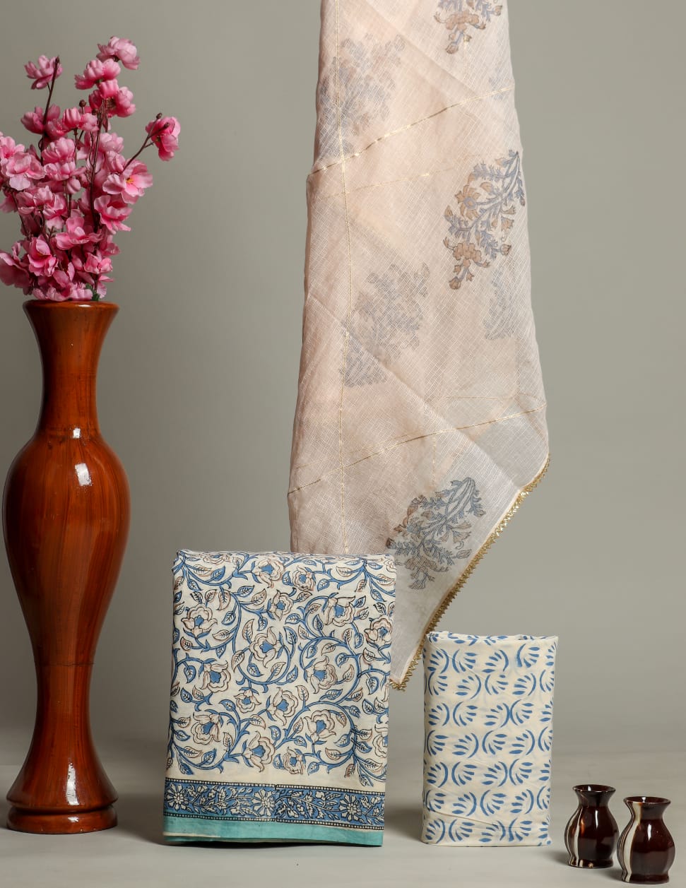 Cream Hand Block Flower Print Cotton Unstitched Suit Set with Kota Doria Dupatta