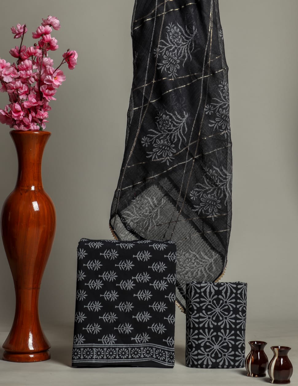 Black Hand Block Flower Print Cotton Unstitched Suit Set with Kota Doria Dupatta