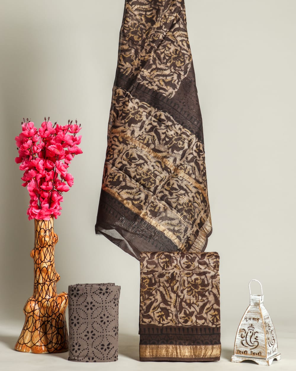Brown Flower Print Maheshwari Silk Unstitched Suit with Silk Dupatta