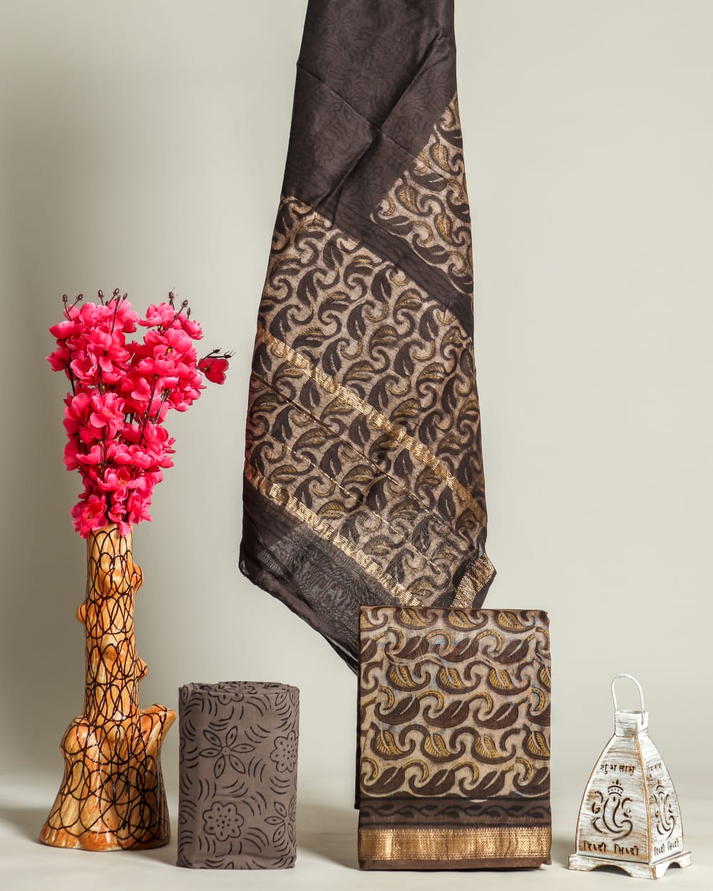 Brown Leaf Print Maheshwari Silk Unstitched Suit with Silk Dupatta