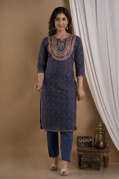 Blue Flower Print Cotton Stitched Suit set with Kurti, Pant & Dupatta