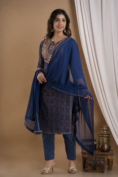 Blue Flower Print Cotton Stitched Suit set with Kurti, Pant & Dupatta