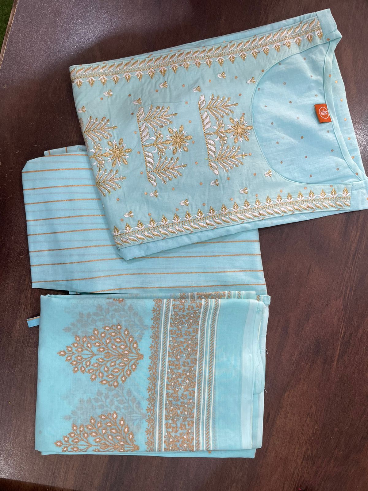 Light Blue Handwork Cotton Stitched Suit Set with Kurti, Pant & Dupatta