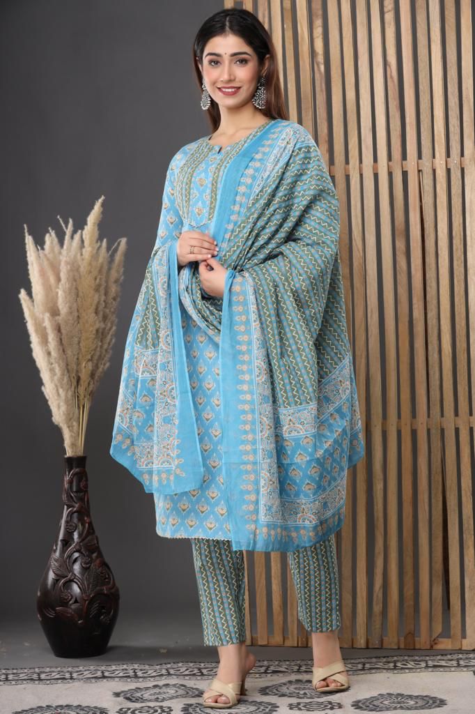 Blue Flower Print Cotton Stitched Suit set with Kurti, Pant & Dupatta