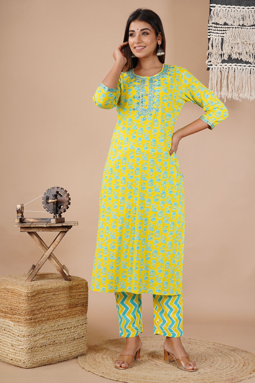 Yellow Flower Print Cotton Stitched Suit Set with Kurti, Pant & Dupatta