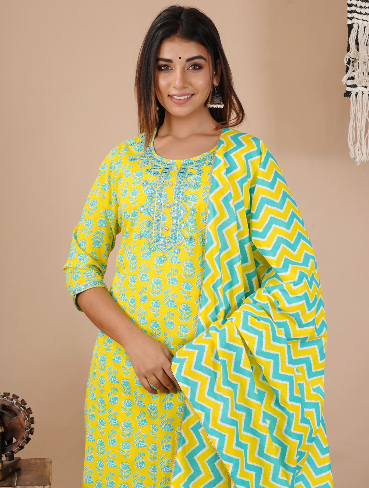 Yellow Flower Print Cotton Stitched Suit Set with Kurti, Pant & Dupatta