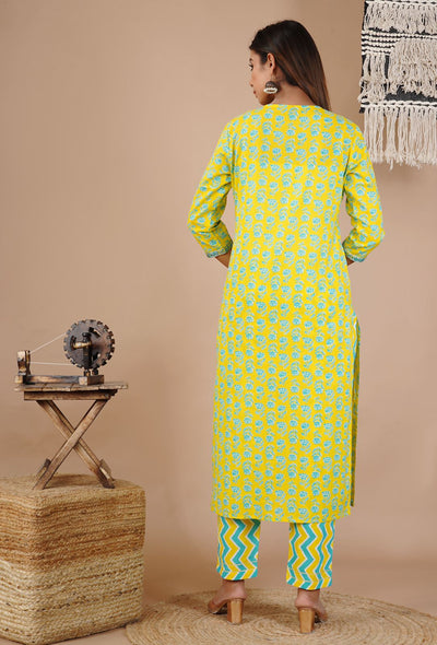 Yellow Flower Print Cotton Stitched Suit Set with Kurti, Pant & Dupatta