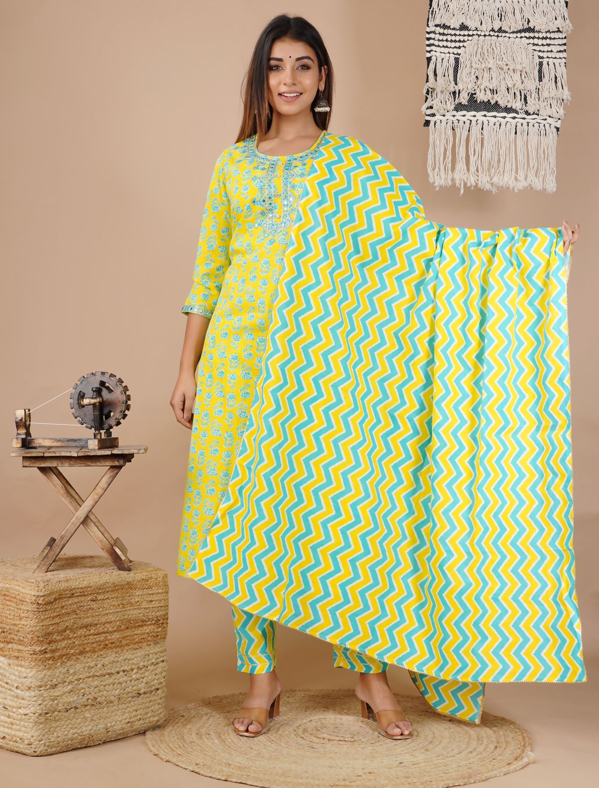 Yellow Flower Print Cotton Stitched Suit Set with Kurti, Pant & Dupatta