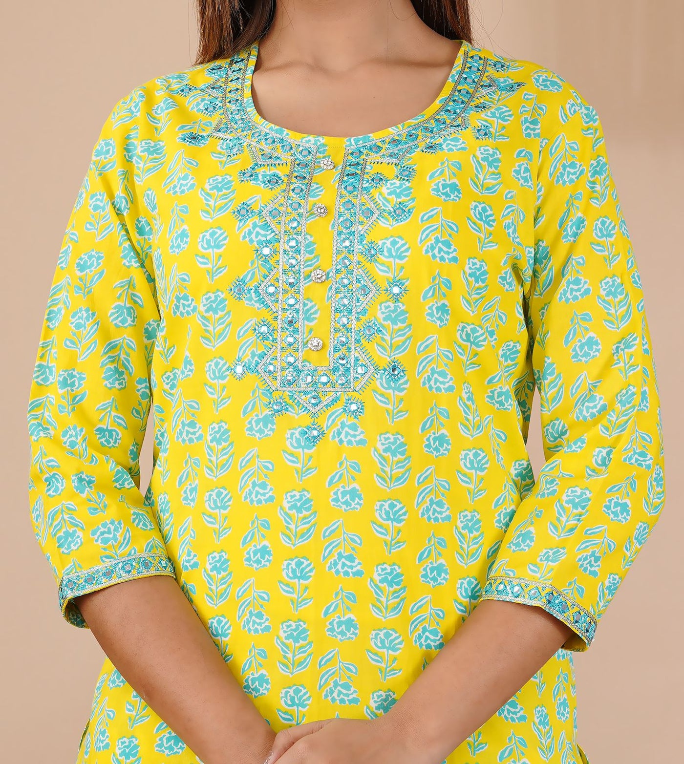 Yellow Flower Print Cotton Stitched Suit Set with Kurti, Pant & Dupatta