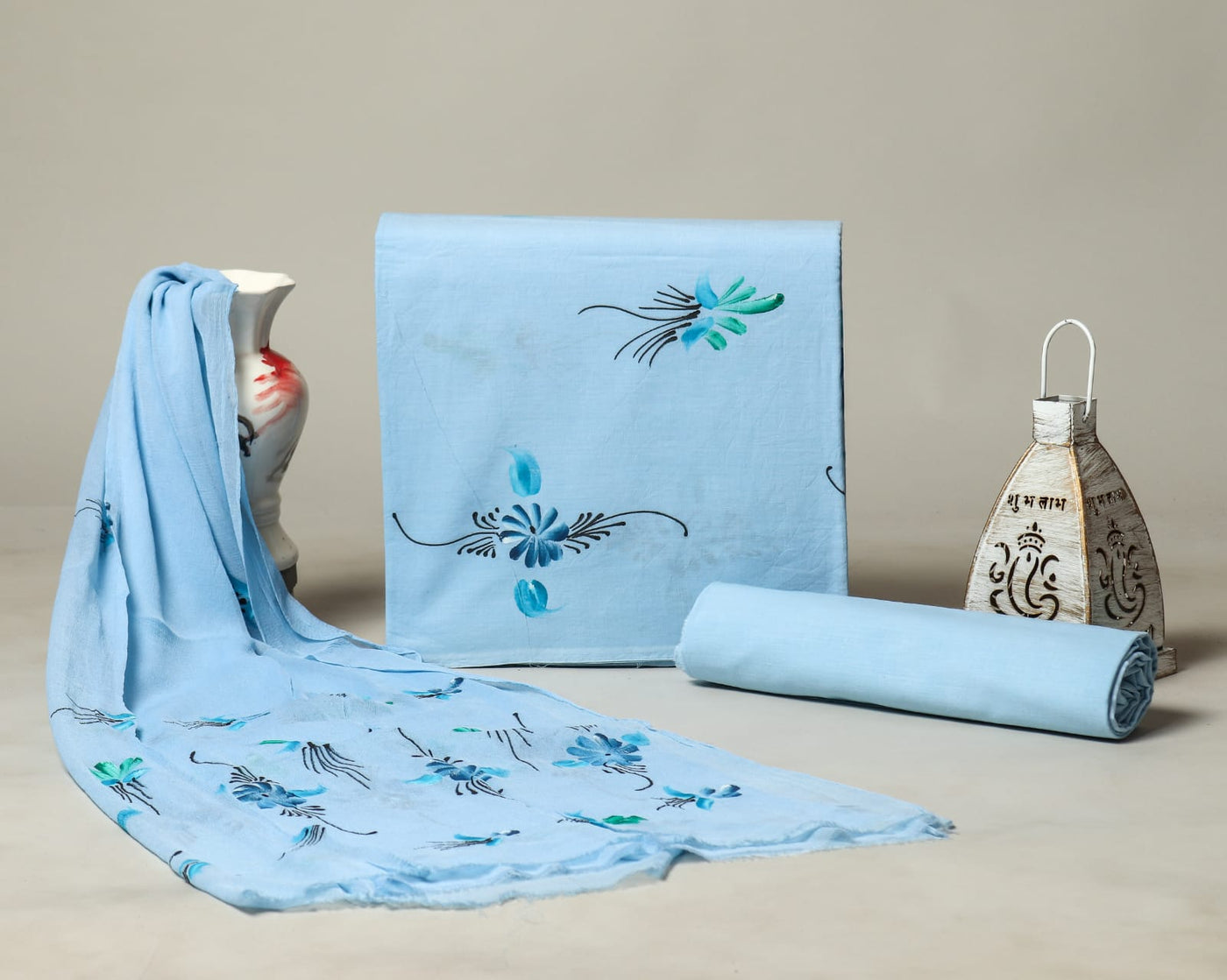 Sky Blue Flower Print Cotton Unstitched Suit Set with Chiffon Dupatta