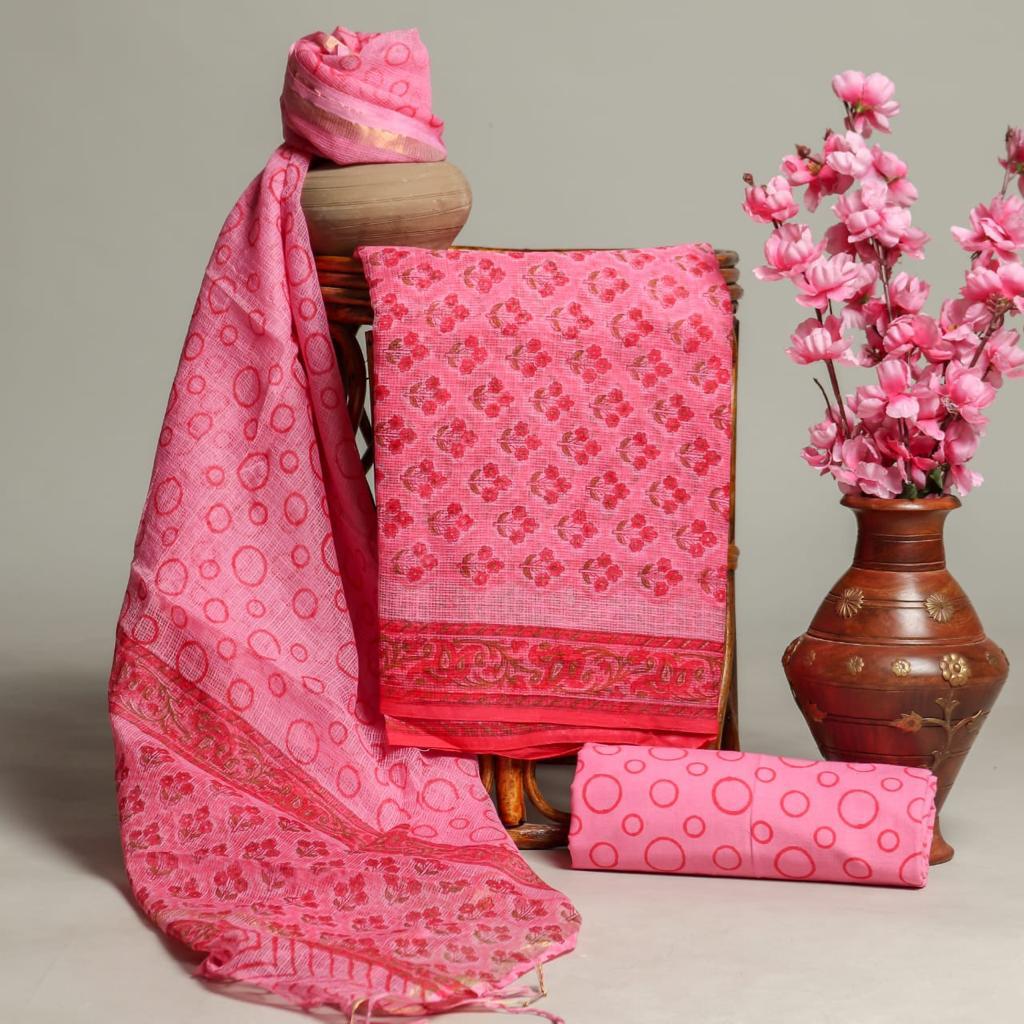 Pink Flower Print Kota Doria Unstitched Suit Set with Kota Doria Dupatta