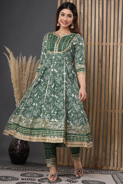 Green Gotta Work Cotton Stitched Suit Set with Anarkali Kurti, Pant & Dupatta
