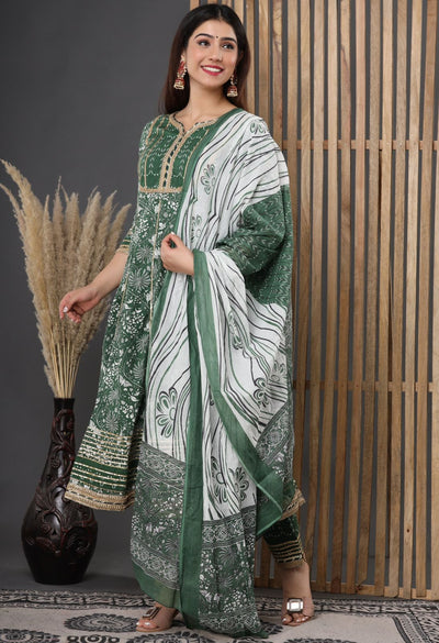 Green Gotta Work Cotton Stitched Suit Set with Anarkali Kurti, Pant & Dupatta