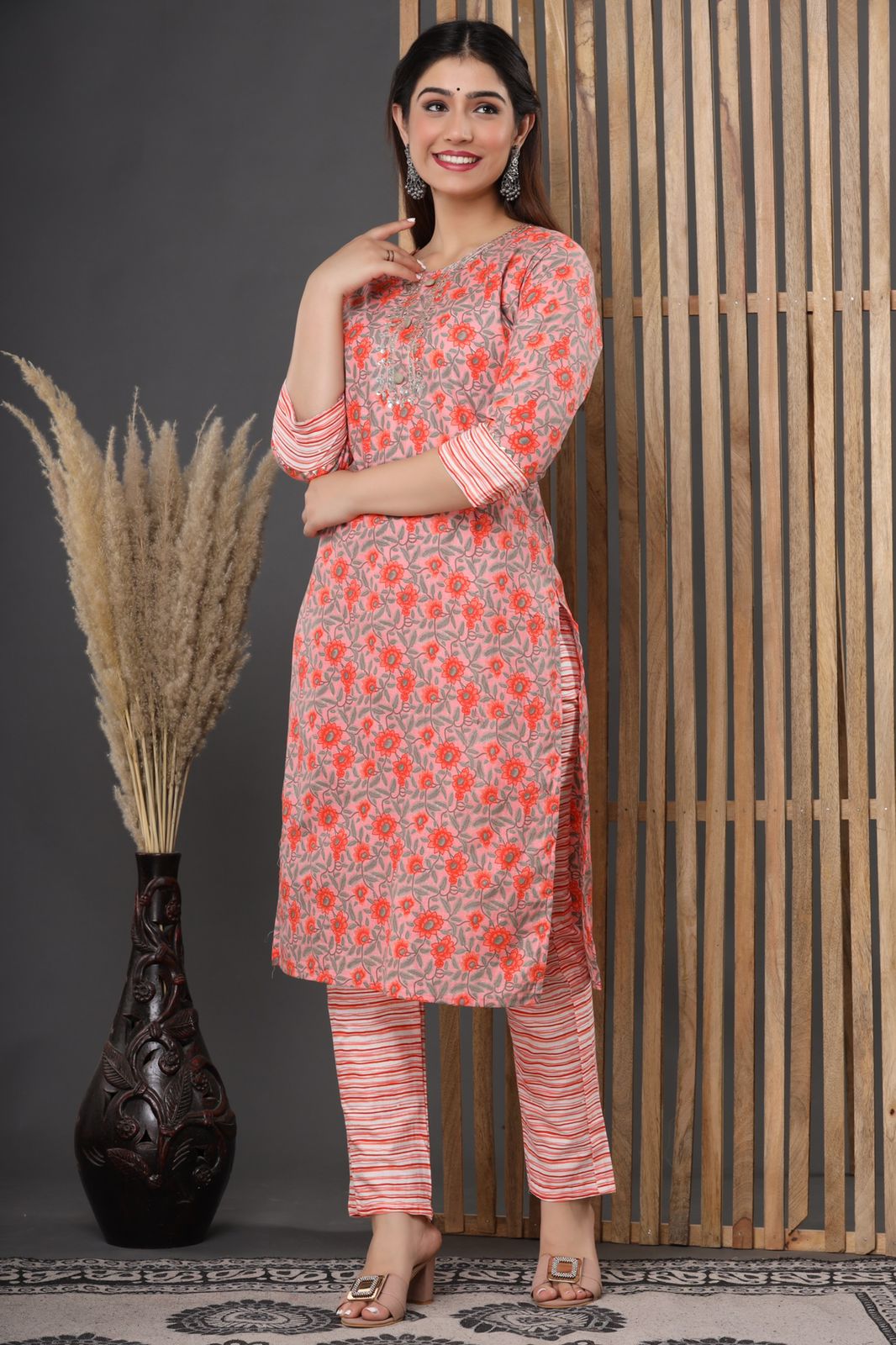 Pink Hand Crafted Cotton Stitched Suit Set with Kurti, Pant & Dupatta