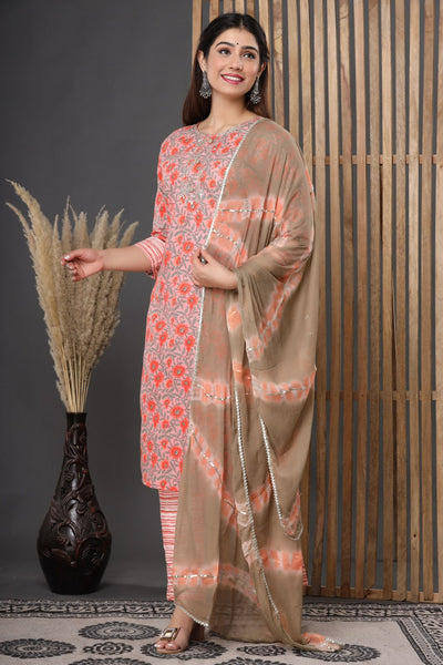 Pink Hand Crafted Cotton Stitched Suit Set with Kurti, Pant & Dupatta