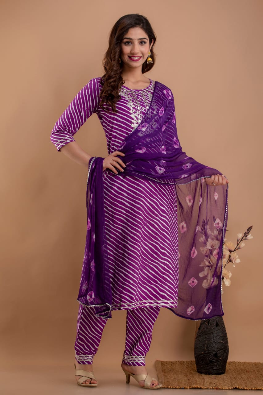 Purple Leheriya Gotta Work Stitched Suit Set with Kurti, Pant & Dupatta