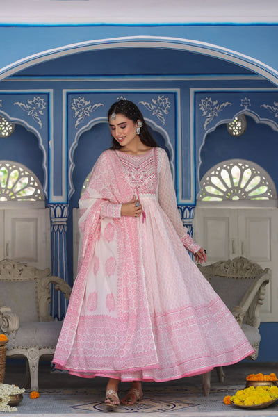 Pink Embroidery Work Cotton Gown With Dupatta