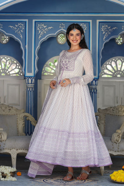 Violet & White Embroidery Work Cotton Gown With Dupatta