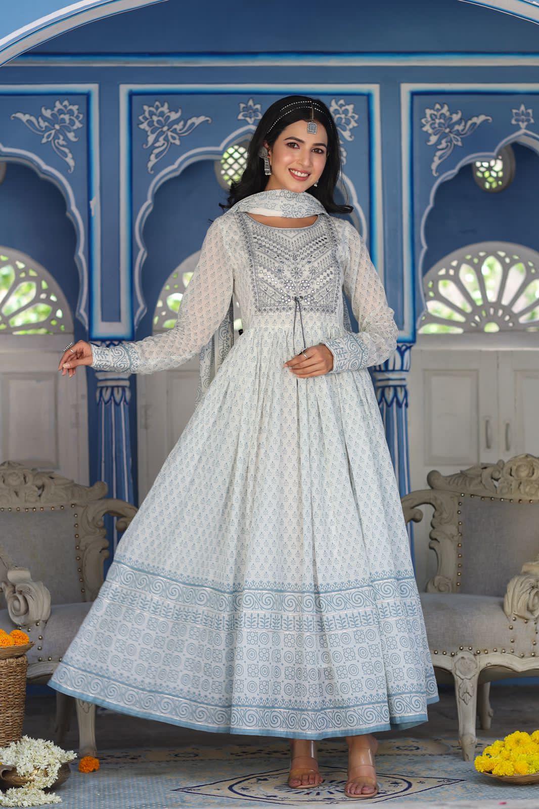 Gray Embroidery Work Cotton Gown With Dupatta