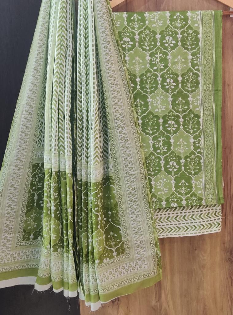 Green Flower Print Cotton Unstitched  Suit Set with Cotton Dupatta