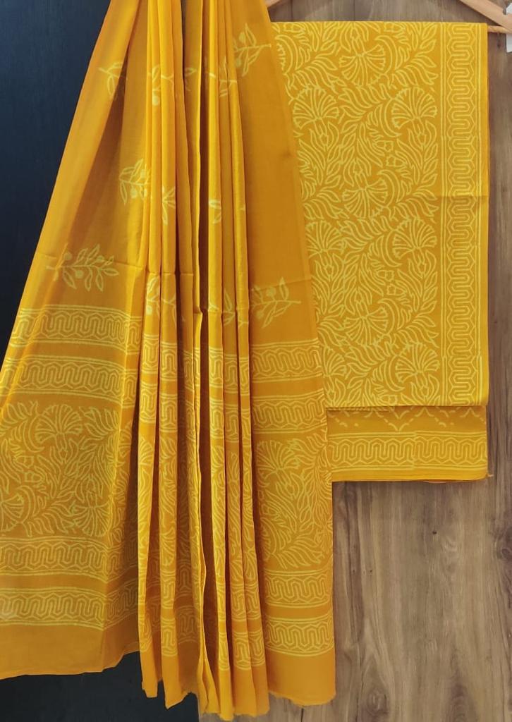 Yellow Flower Print Cotton Unstitched  Suit Set with Cotton Dupatta