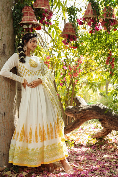 Yellow Embroidery Work Cotton Gown With Dupatta