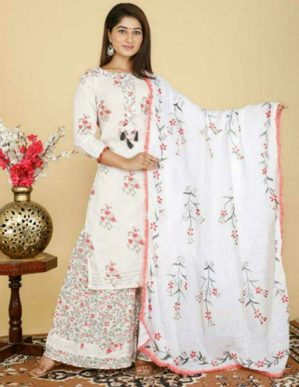 White Flower Print Cotton Stitched Suit Set with Kurti, Palazzo & Dupatta