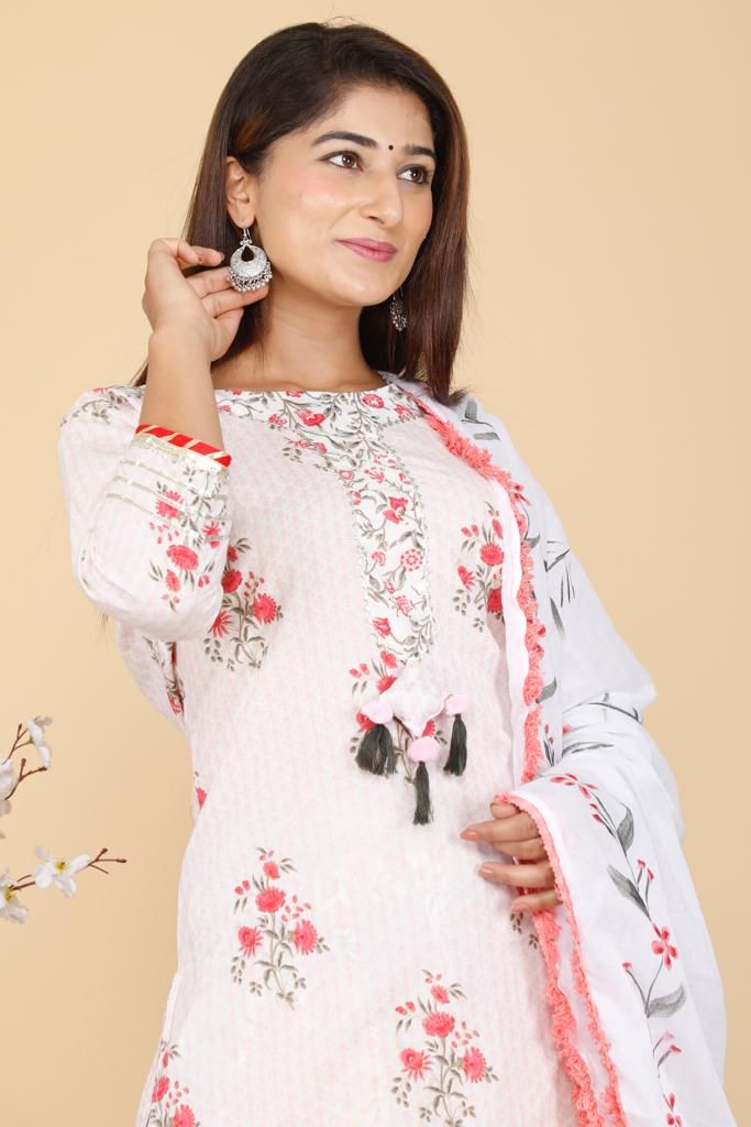 White Flower Print Cotton Stitched Suit Set with Kurti, Palazzo & Dupatta