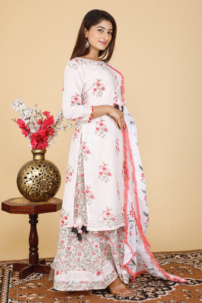 White Flower Print Cotton Stitched Suit Set with Kurti, Palazzo & Dupatta