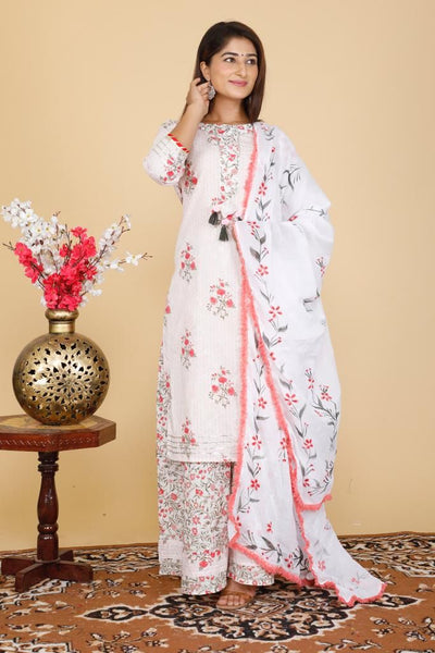 White Flower Print Cotton Stitched Suit Set with Kurti, Palazzo & Dupatta