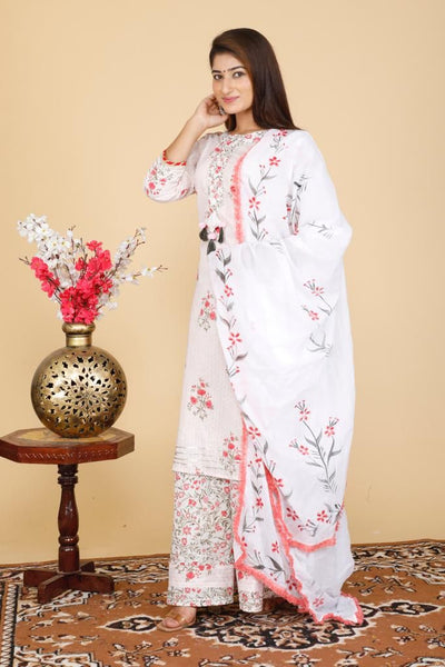 White Flower Print Cotton Stitched Suit Set with Kurti, Palazzo & Dupatta