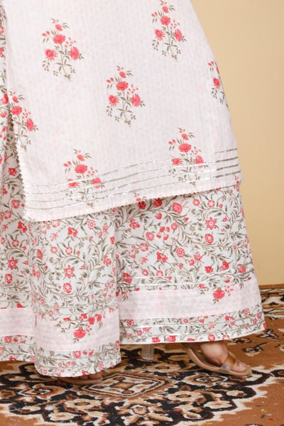 White Flower Print Cotton Stitched Suit Set with Kurti, Palazzo & Dupatta