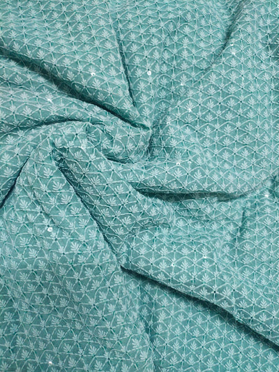 Sky Blue Flower Print Lucknawi Kashida Work Georgette Fabric