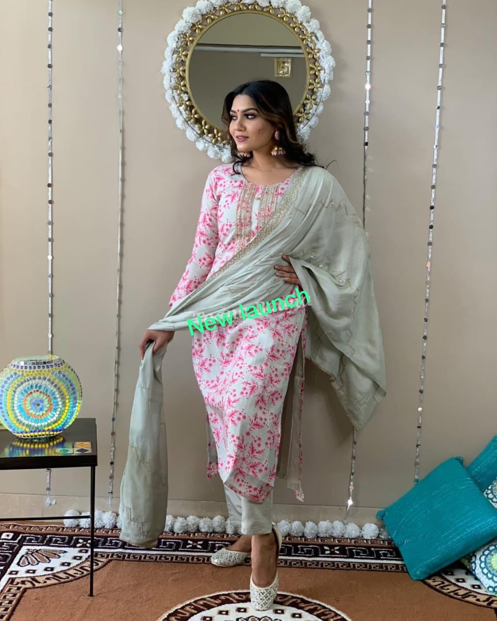 Green Flower Print Cotton Stitched Suit Set with Kurti, Pant & Dupatta