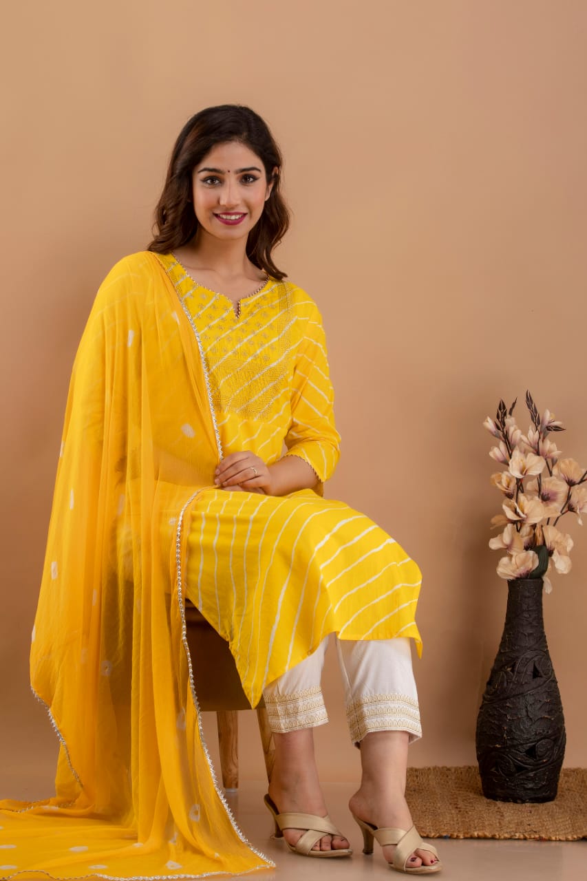 Yellow Leheriya Cotton Stitched Suit Set with Kurti, Pant & Dupatta