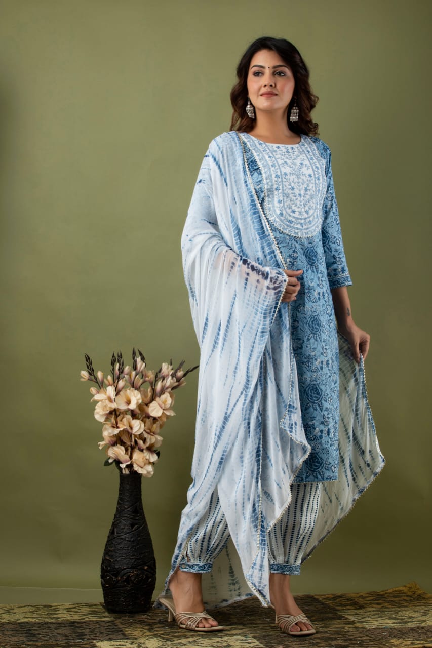 Blue Flower Print Cotton Stitched Suit Set with Kurti, Pant & Dupatta