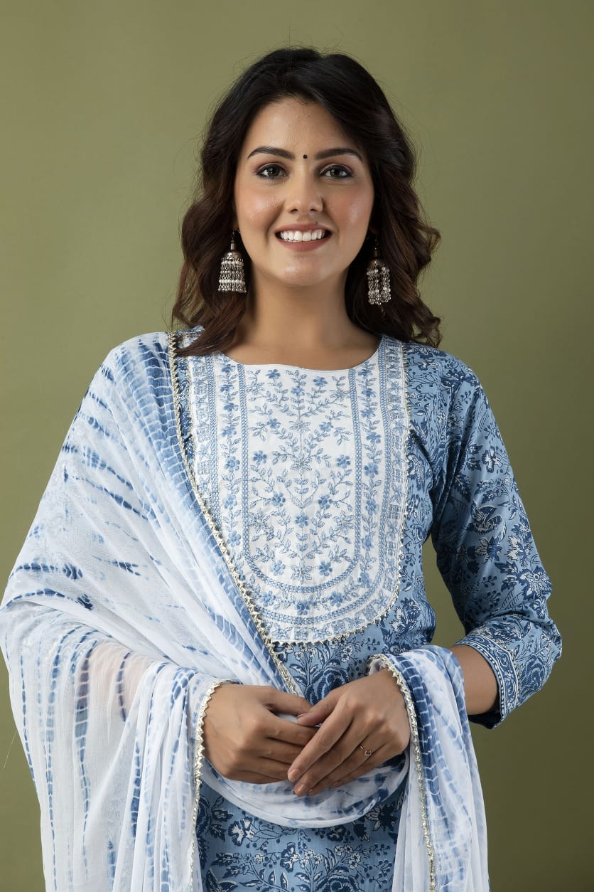 Blue Flower Print Cotton Stitched Suit Set with Kurti, Pant & Dupatta