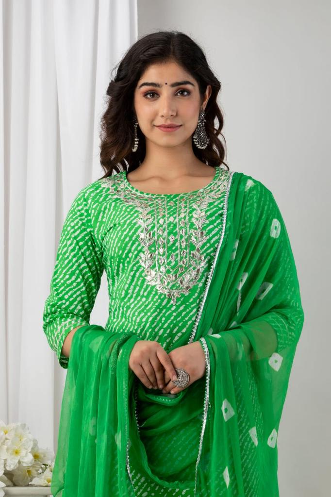 Green Leheriya Stitched Suit Set with Kurti, Pant & Dupatta