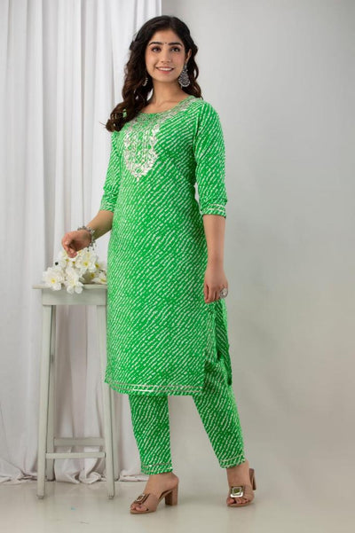 Green Leheriya Stitched Suit Set with Kurti, Pant & Dupatta