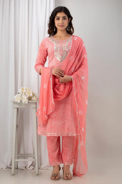 Pink Leheriya Stitched Suit Set with Kurti, Pant & Dupatta