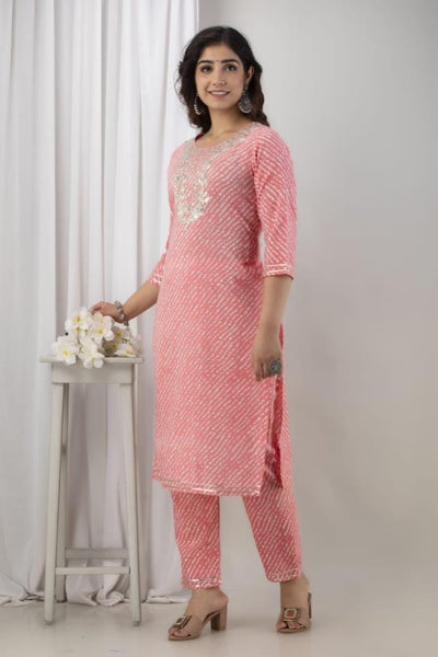 Pink Leheriya Stitched Suit Set with Kurti, Pant & Dupatta