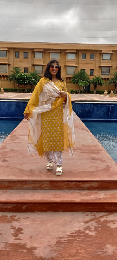 Yellow Flower Print Cotton Stitched Suit Set with Kurti, Pant & Dupatta